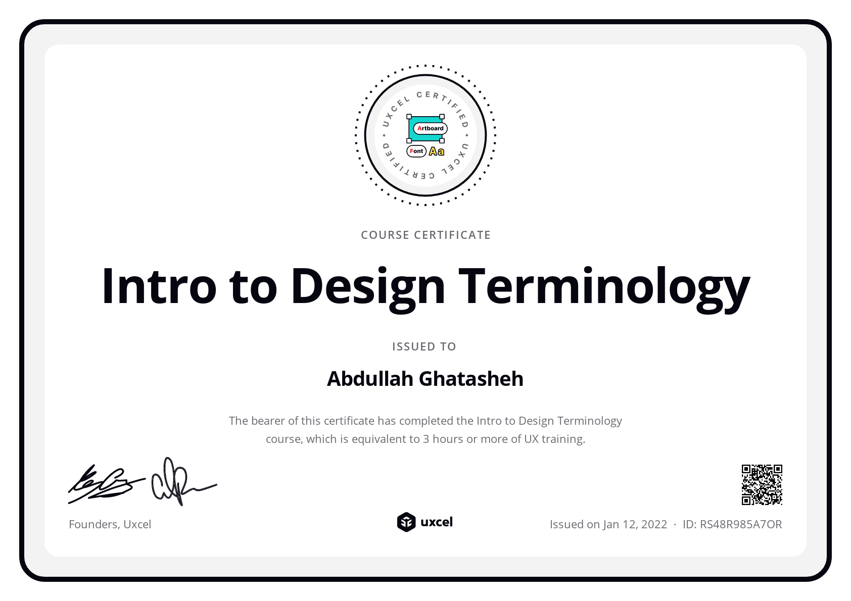 Abdullah Ghatasheh's certificate